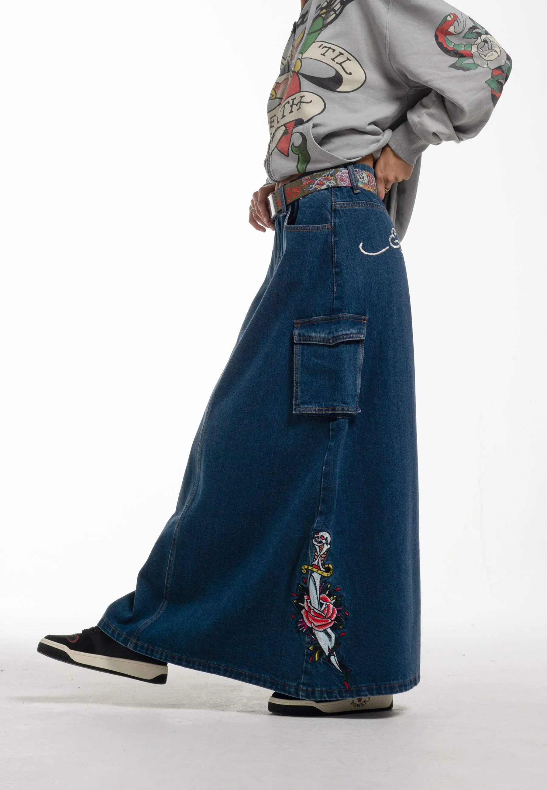 Womens Killer Rose Denim Midi Skirt - Blue