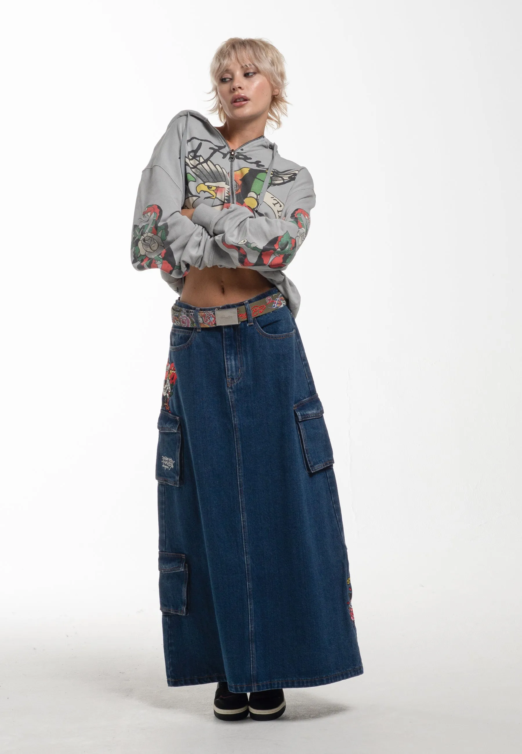 Womens Killer Rose Denim Midi Skirt - Blue