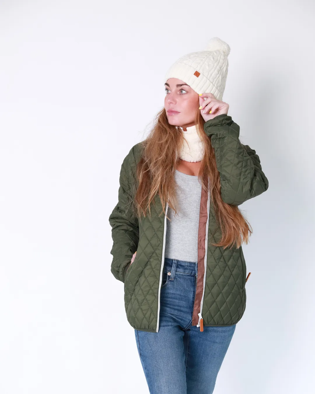 Women's Quilted Puffer Jacket in Olive Green