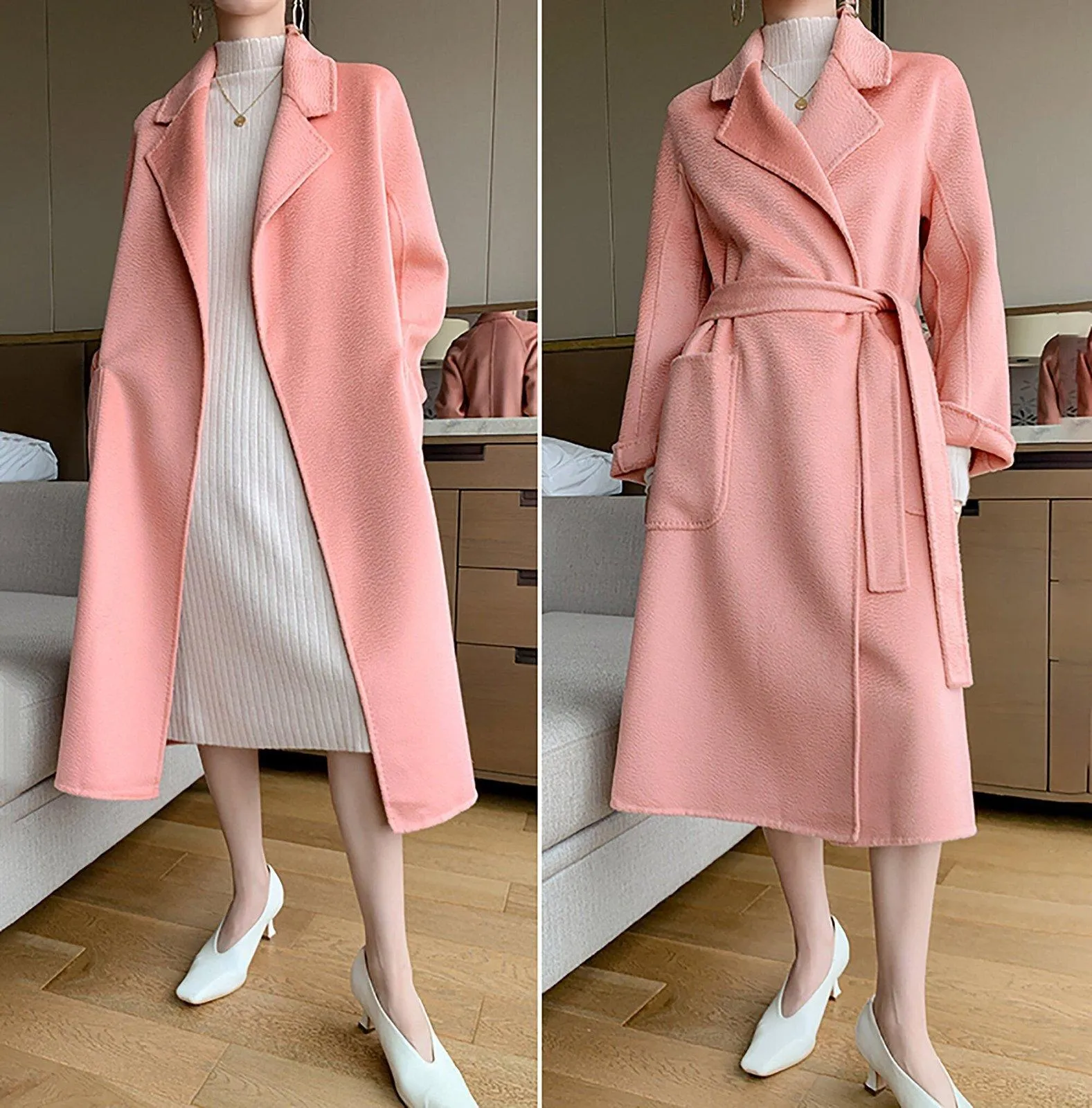 Wrap Double Face Long Belted Wool Coat