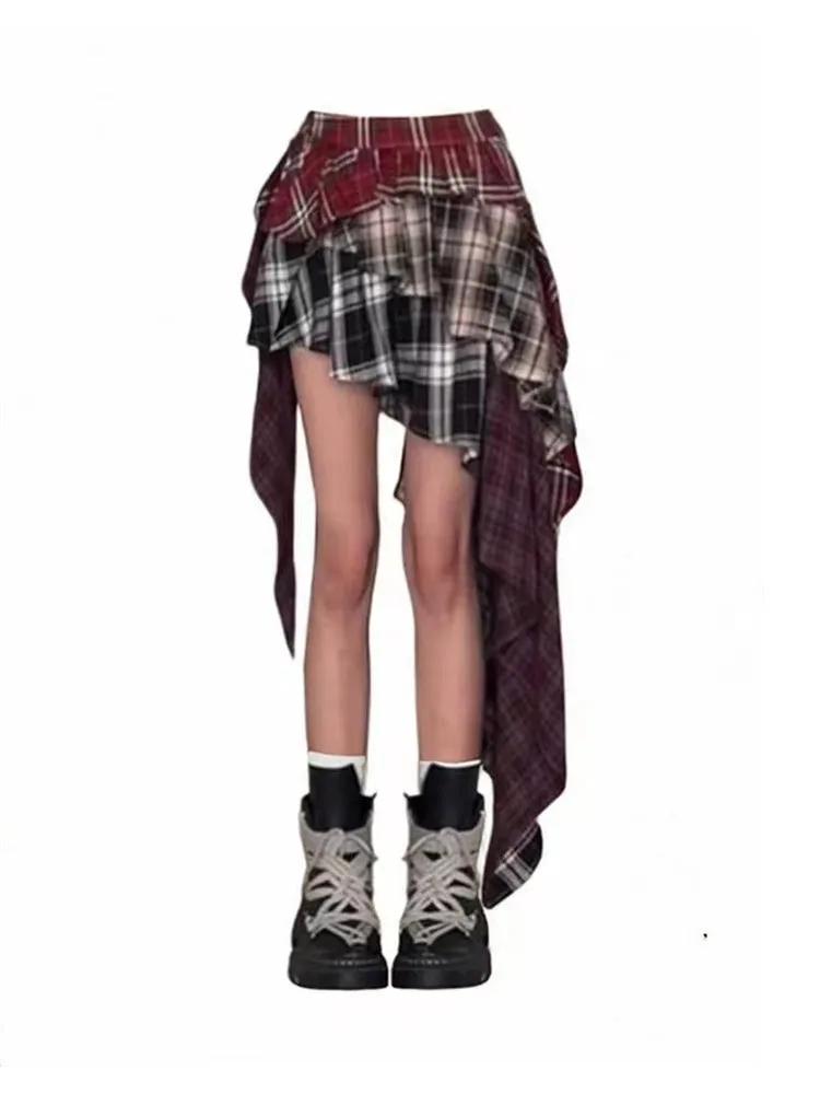 Y2K Plaid Stitch Punk Midi Skirt